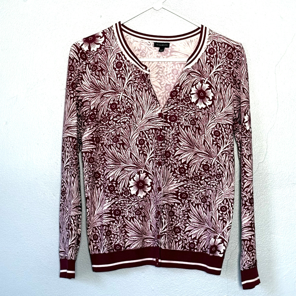 Talbots Cardigan Sweater Small Pink Berry Floral Lightweight Button Down Preppy